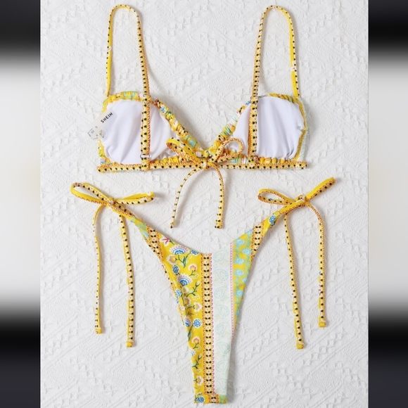 NWOT, Yellow Boho Bikini, Paisley Floral, Size Small (or medium) - Picture 11 of 12